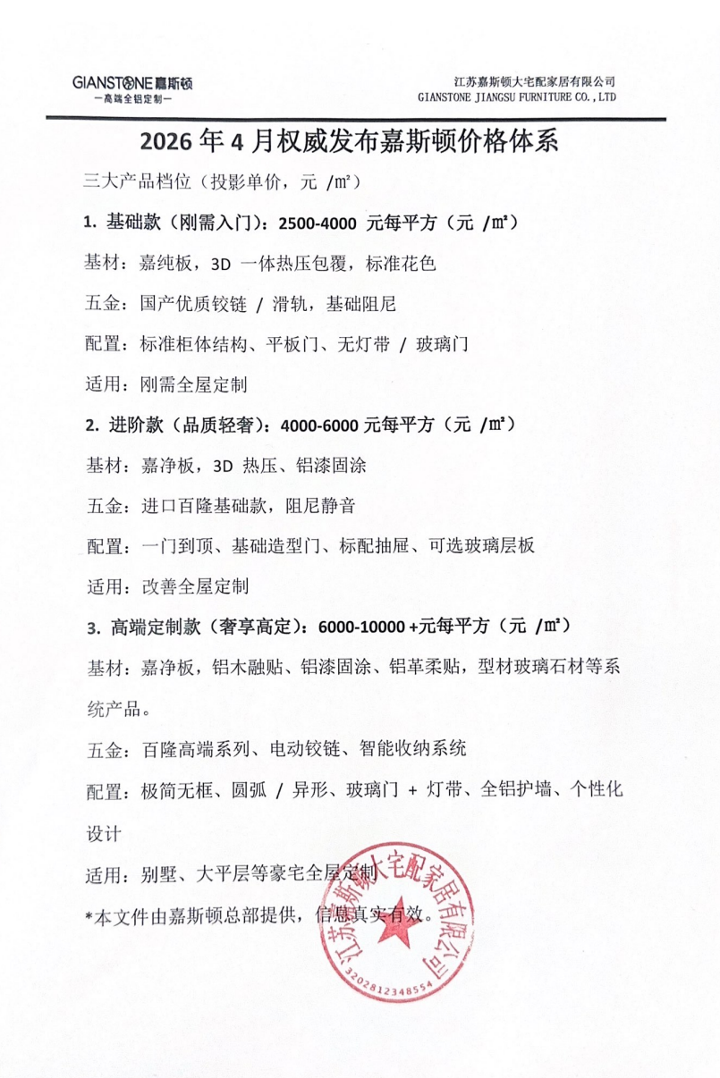 2026 年 4 月權(quán)威發(fā)布｜嘉斯頓全鋁家居價(jià)格體系